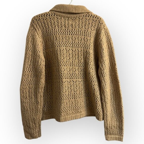 Joie Crochet Knit Collared Button Up Cardigan Sweater top boho tan light brown L - Picture 3 of 7